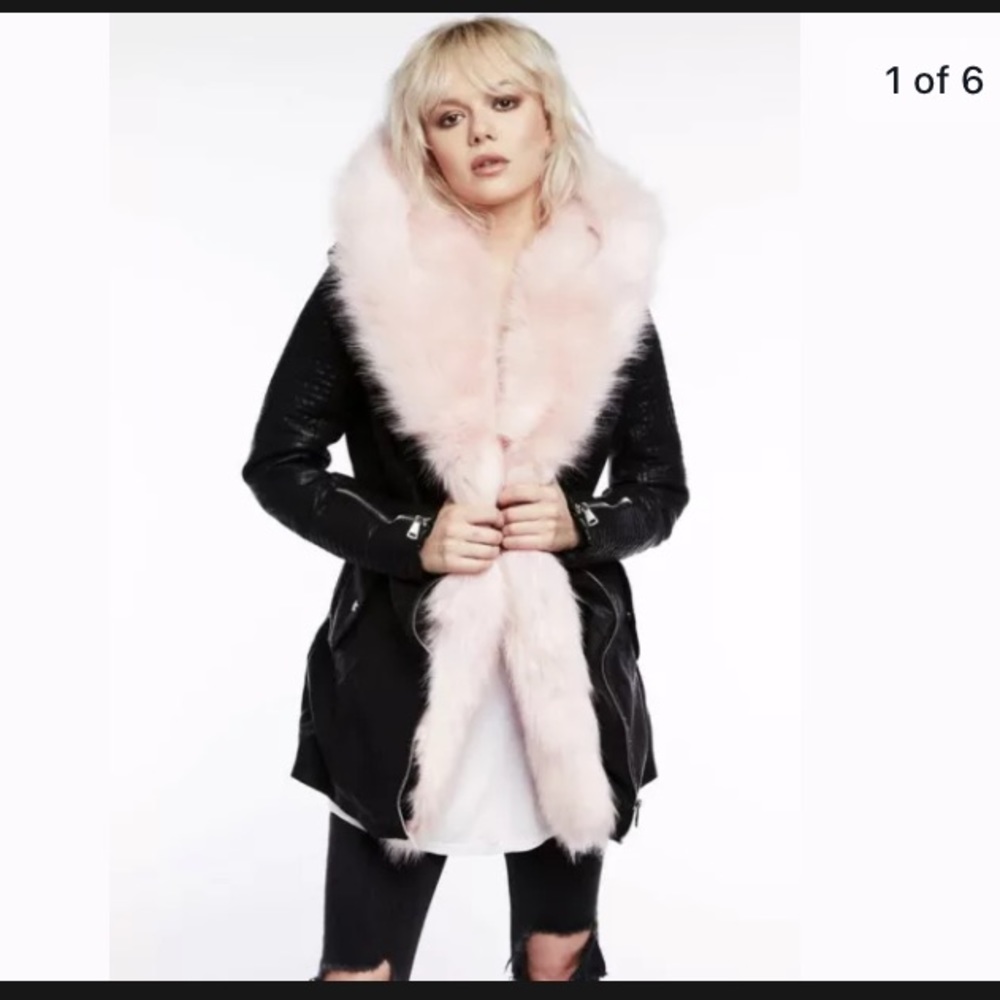 Faux Leather Pink Fur Jacket removable fur